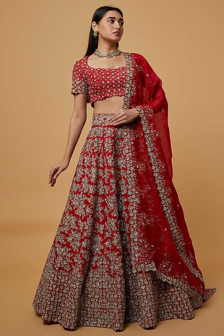 Red Embroidered Bridal Lehenga Set by Mrunalini Rao at Pernia's Pop Up Shop