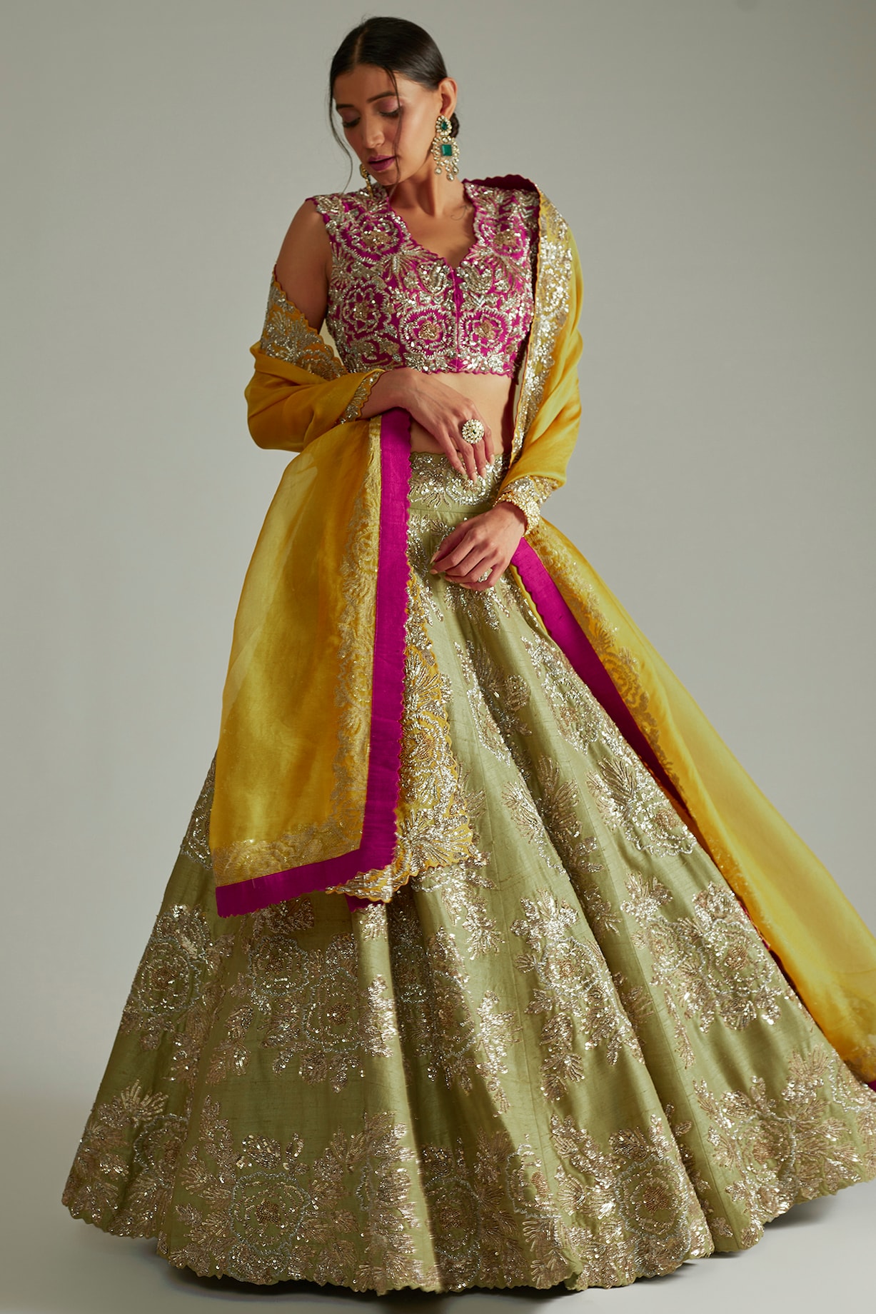 Designer Contrast White and Mehendi Green Lehenga Set