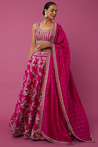 Hot Pink Embroidered Lehenga Set by Mrunalini Rao