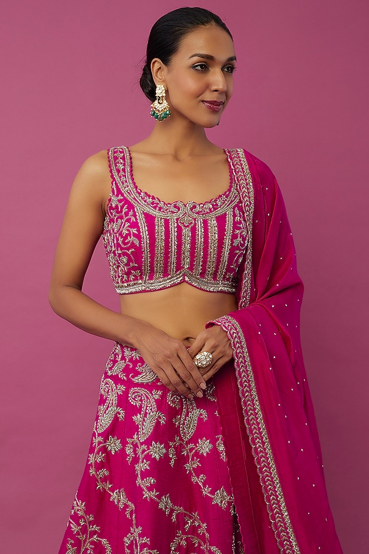 Hot Pink Embroidered Bridal Lehenga Set by Mrunalini Rao at Pernia's Pop Up Shop