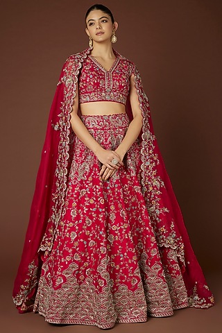 Red Embroidered Lehenga Set by Mrunalini Rao