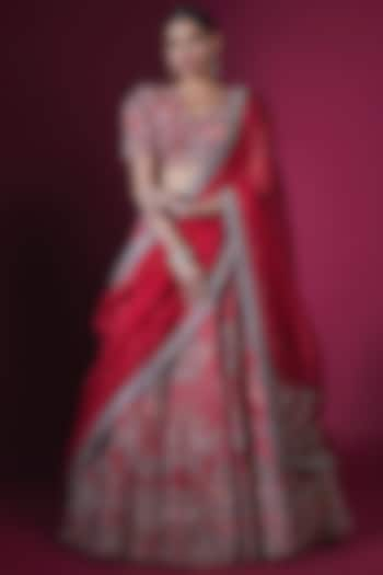 Red Raw Silk Resham & Zardosi Embroidered Bridal Lehenga Set by Mrunalini Rao at Pernia's Pop Up Shop