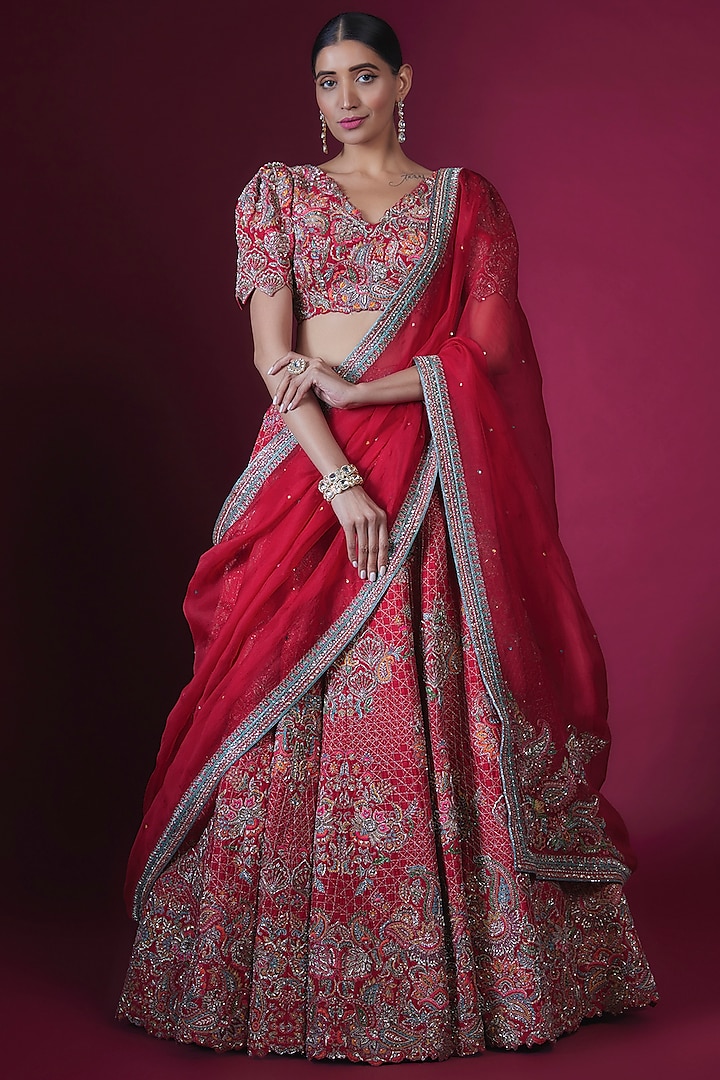 Red Raw Silk Resham & Zardosi Embroidered Bridal Lehenga Set by Mrunalini Rao at Pernia's Pop Up Shop