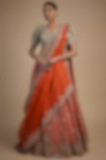 Orange Raw Silk Resham & Zardosi Embroidered Bridal Lehenga Set by Mrunalini Rao at Pernia's Pop Up Shop