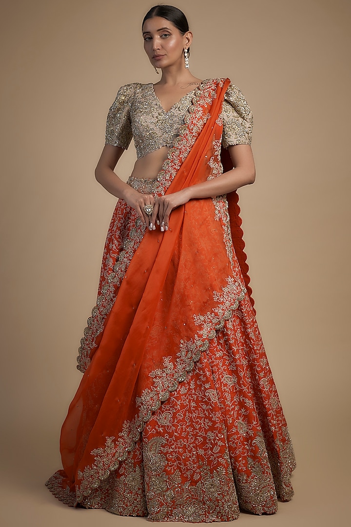 Orange Raw Silk Resham & Zardosi Embroidered Bridal Lehenga Set by Mrunalini Rao at Pernia's Pop Up Shop