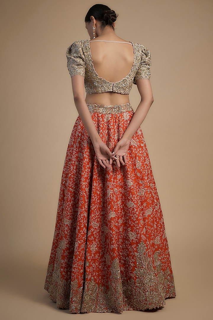 Orange Raw Silk Resham & Zardosi Embroidered Bridal Lehenga Set by Mrunalini Rao at Pernia's Pop Up Shop