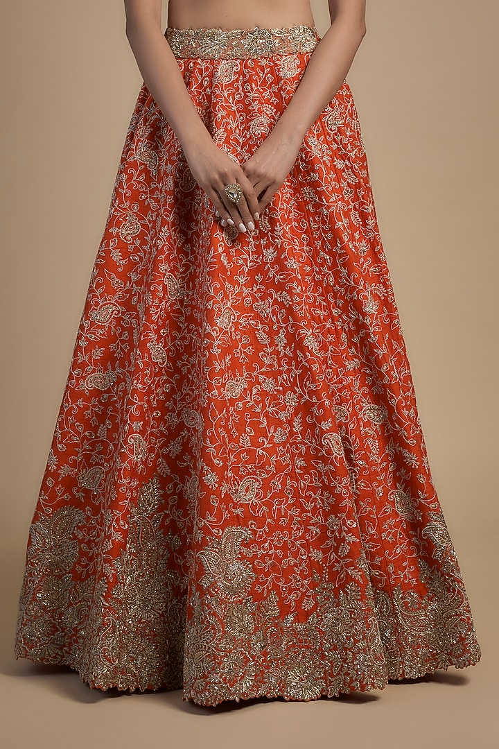 Orange Raw Silk Resham & Zardosi Embroidered Bridal Lehenga Set by Mrunalini Rao at Pernia's Pop Up Shop