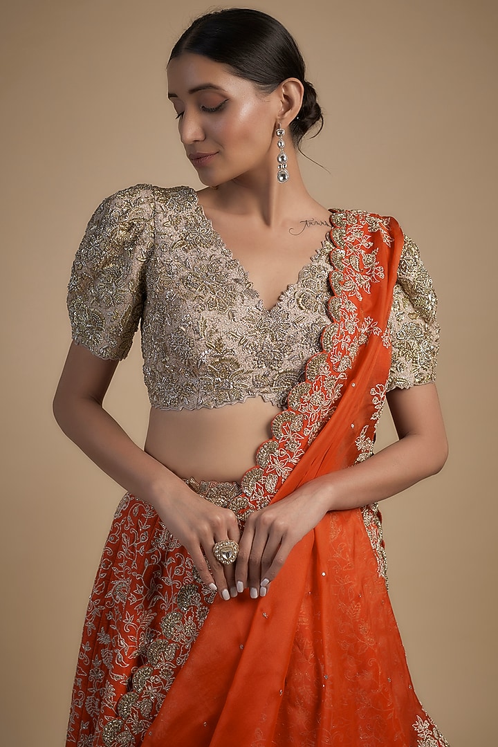 Orange Raw Silk Resham & Zardosi Embroidered Bridal Lehenga Set by Mrunalini Rao at Pernia's Pop Up Shop