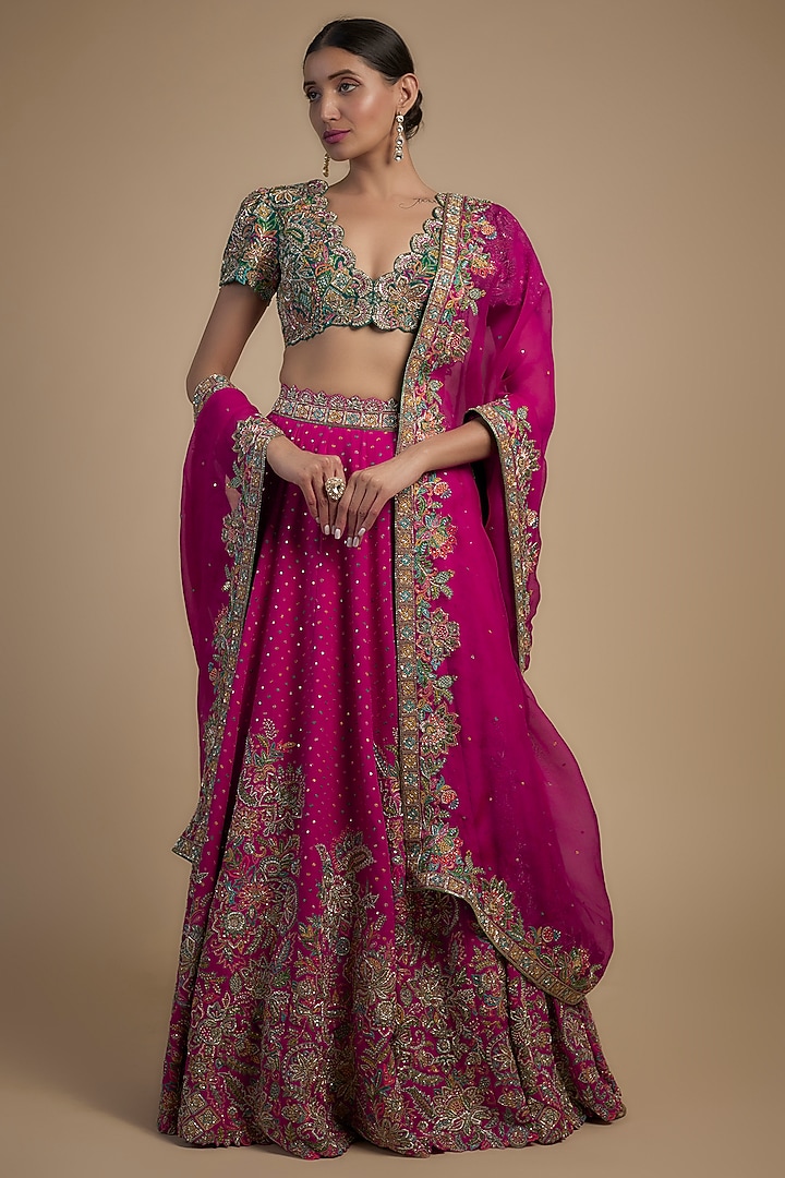 Hot Pink Pure Silk Resham & Zardosi Embroidered Bridal Lehenga Set by Mrunalini Rao at Pernia's Pop Up Shop
