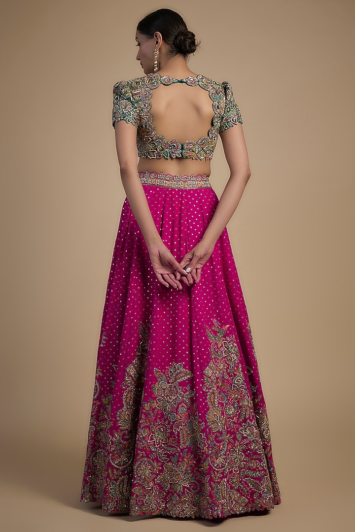 Hot Pink Pure Silk Resham & Zardosi Embroidered Bridal Lehenga Set by Mrunalini Rao at Pernia's Pop Up Shop