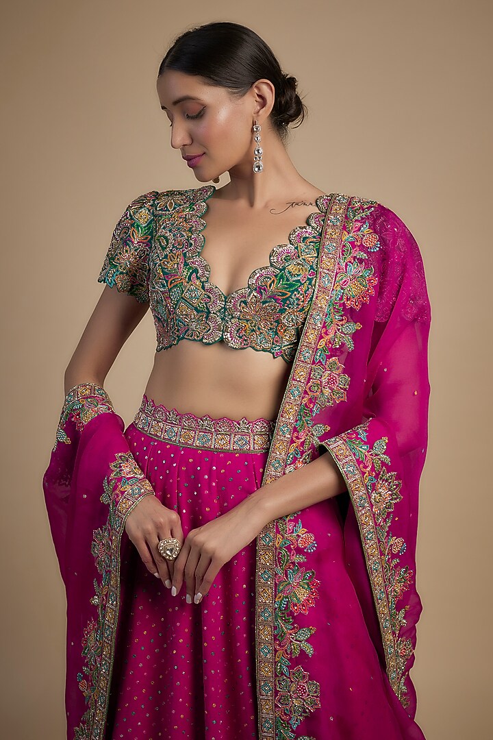 Hot Pink Pure Silk Resham & Zardosi Embroidered Bridal Lehenga Set by Mrunalini Rao at Pernia's Pop Up Shop
