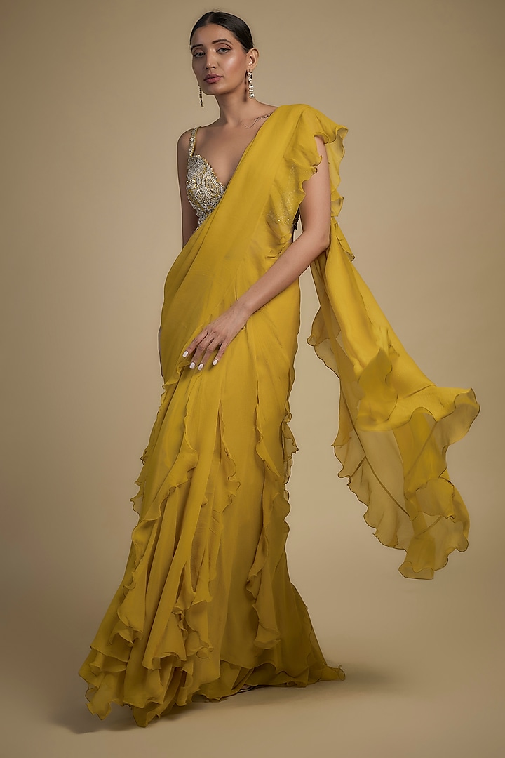 Yellow Chiffon Ruffled Saree Set by Mrunalini Rao at Pernia's Pop Up Shop