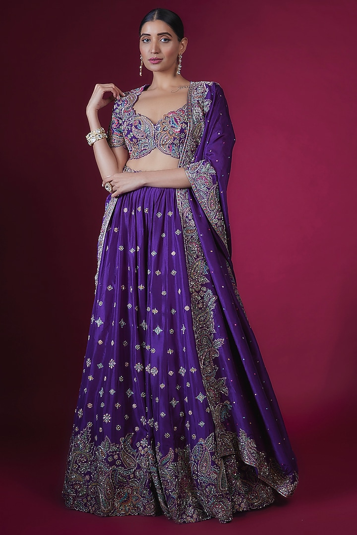 Purple Pure Silk Resham & Zardosi Embroidered Bridal Lehenga Set by Mrunalini Rao at Pernia's Pop Up Shop