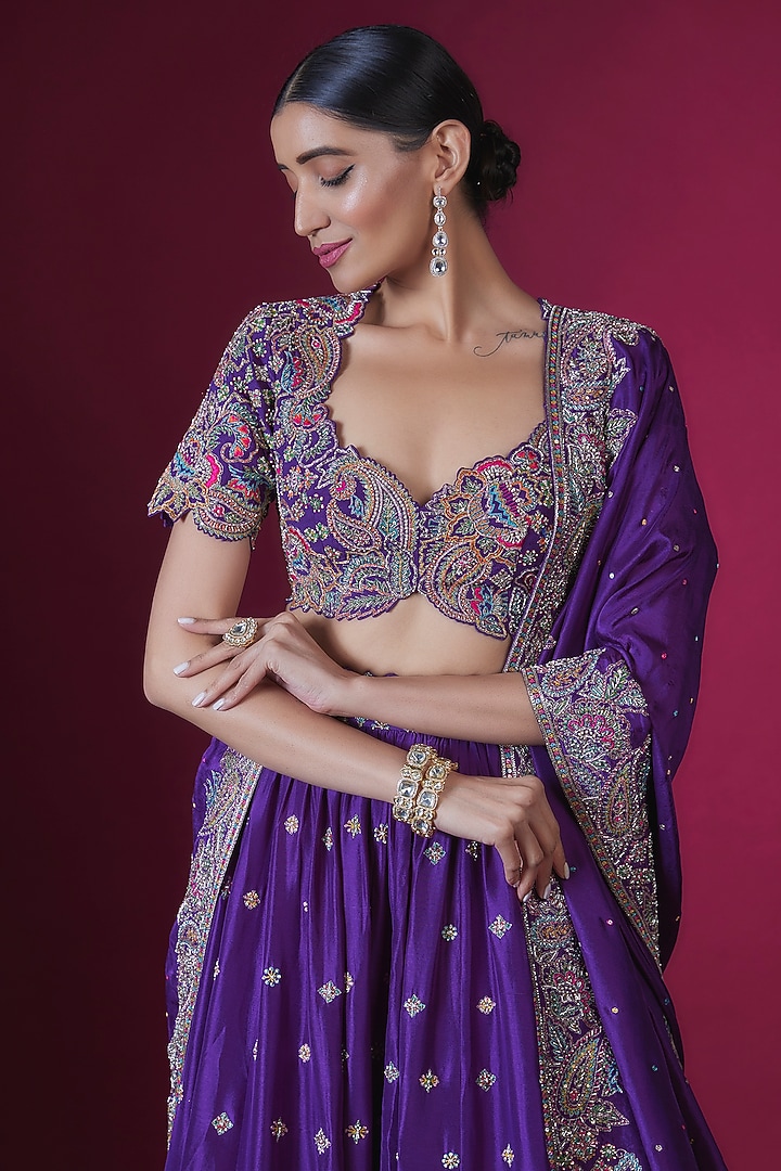Purple Pure Silk Resham & Zardosi Embroidered Bridal Lehenga Set by Mrunalini Rao at Pernia's Pop Up Shop