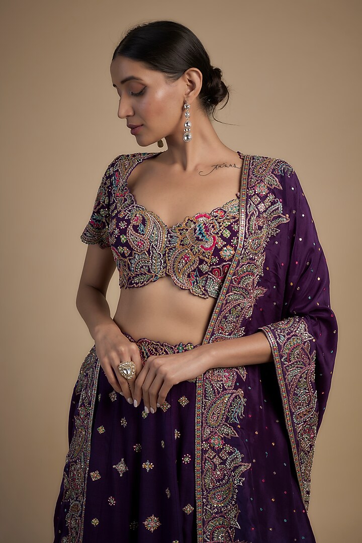 Purple Pure Silk Resham & Zardosi Embroidered Bridal Lehenga Set by Mrunalini Rao at Pernia's Pop Up Shop