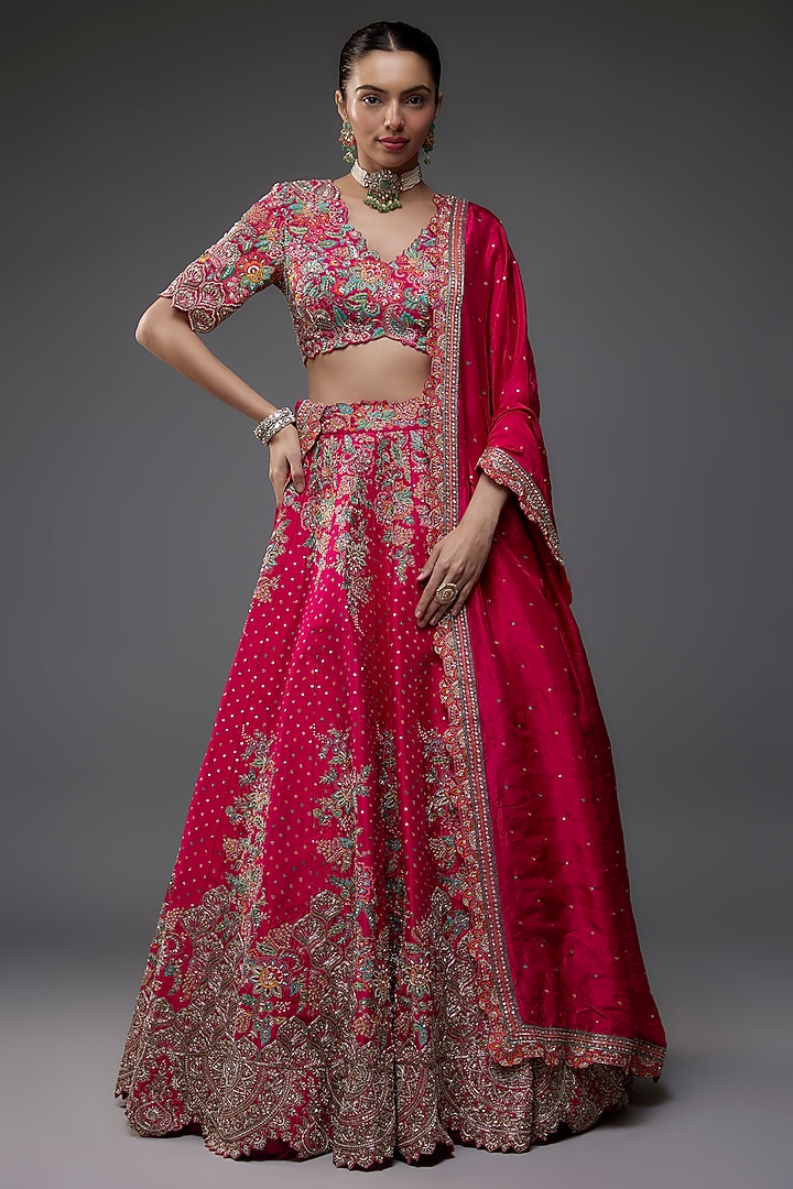 Hot Pink Pure Silk Zardosi Embroidered Bridal Lehenga Set by Mrunalini Rao at Pernia's Pop Up Shop