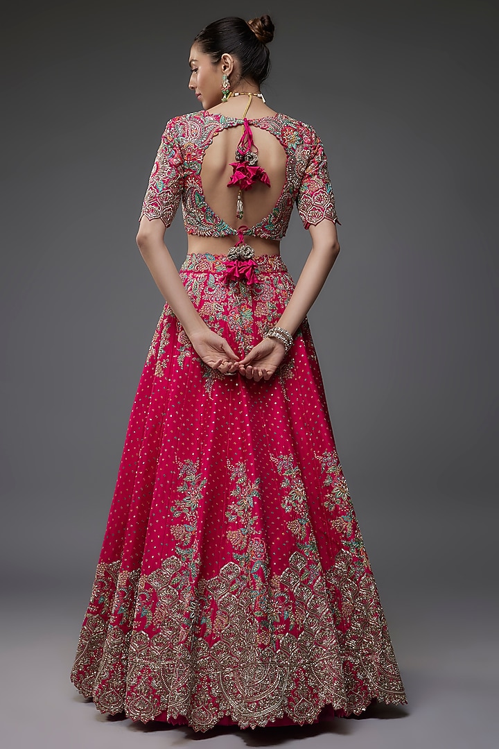 Hot Pink Pure Silk Zardosi Embroidered Bridal Lehenga Set by Mrunalini Rao at Pernia's Pop Up Shop