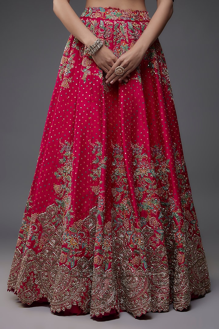 Hot Pink Pure Silk Zardosi Embroidered Bridal Lehenga Set by Mrunalini Rao at Pernia's Pop Up Shop