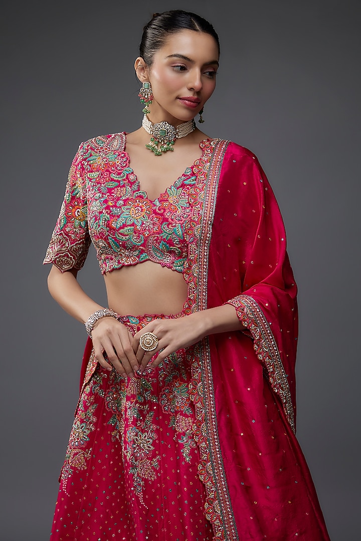 Hot Pink Pure Silk Zardosi Embroidered Bridal Lehenga Set by Mrunalini Rao at Pernia's Pop Up Shop
