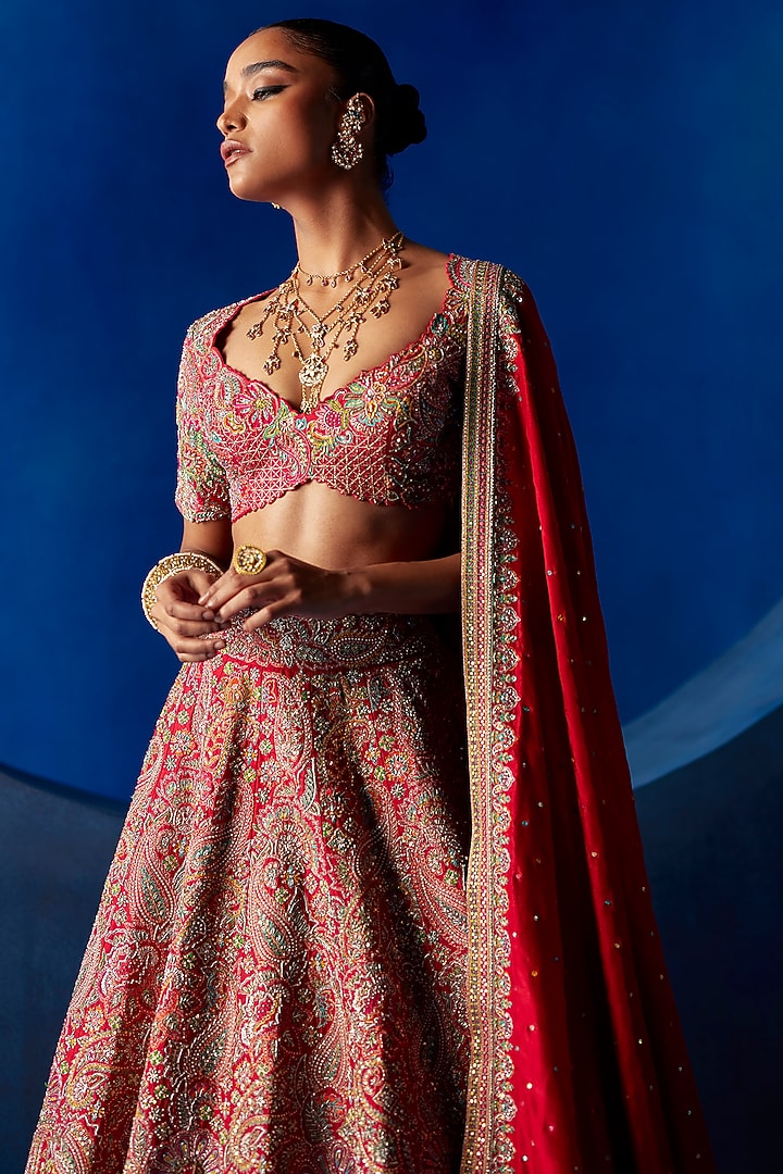 Red Raw Silk Resham Hand Embroidered Bridal Lehenga Set by Mrunalini Rao at Pernia's Pop Up Shop
