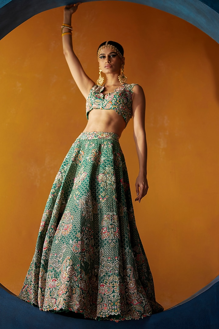 Rama Green Raw Silk Resham & Zardosi Embroidered Bridal Lehenga Set by Mrunalini Rao at Pernia's Pop Up Shop