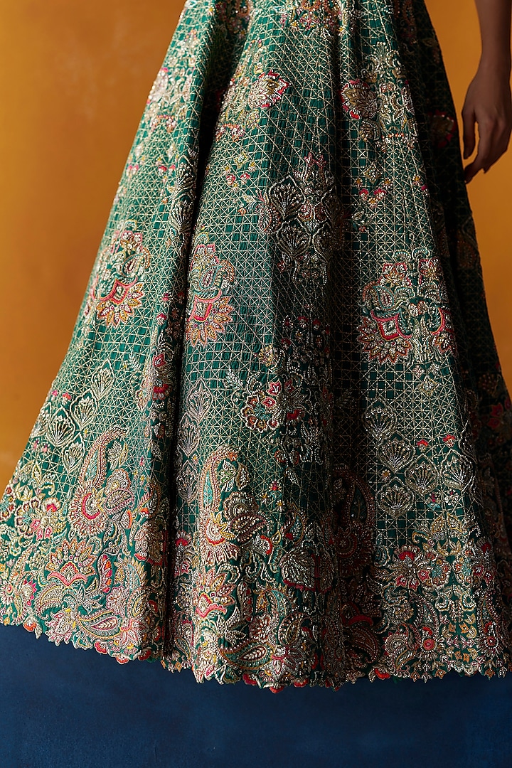 Rama Green Raw Silk Resham & Zardosi Embroidered Bridal Lehenga Set by Mrunalini Rao at Pernia's Pop Up Shop