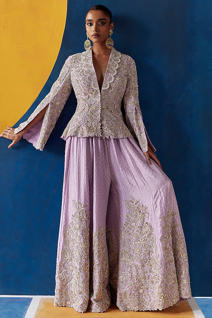 Lilac Pure Silk Resham Embroidered Jacket Set by Mrunalini Rao at Pernia's Pop Up Shop