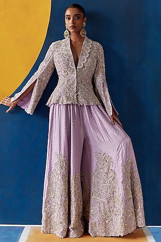Lilac Pure Silk Resham Embroidered Jacket Set by Mrunalini Rao