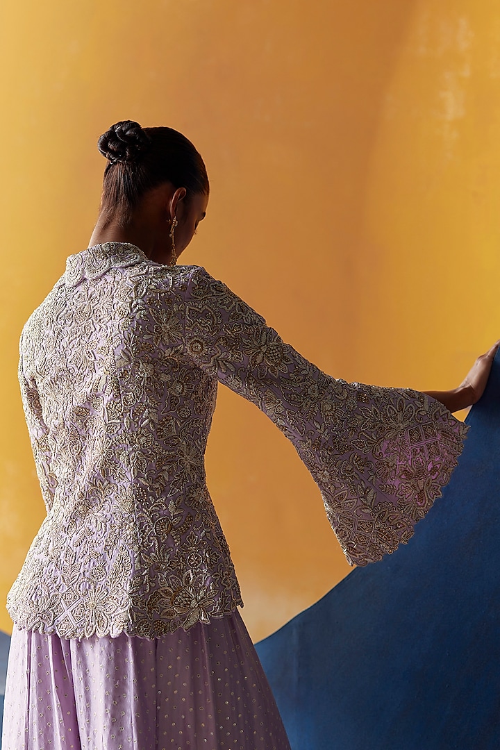Lilac Pure Silk Resham Embroidered Jacket Set by Mrunalini Rao at Pernia's Pop Up Shop