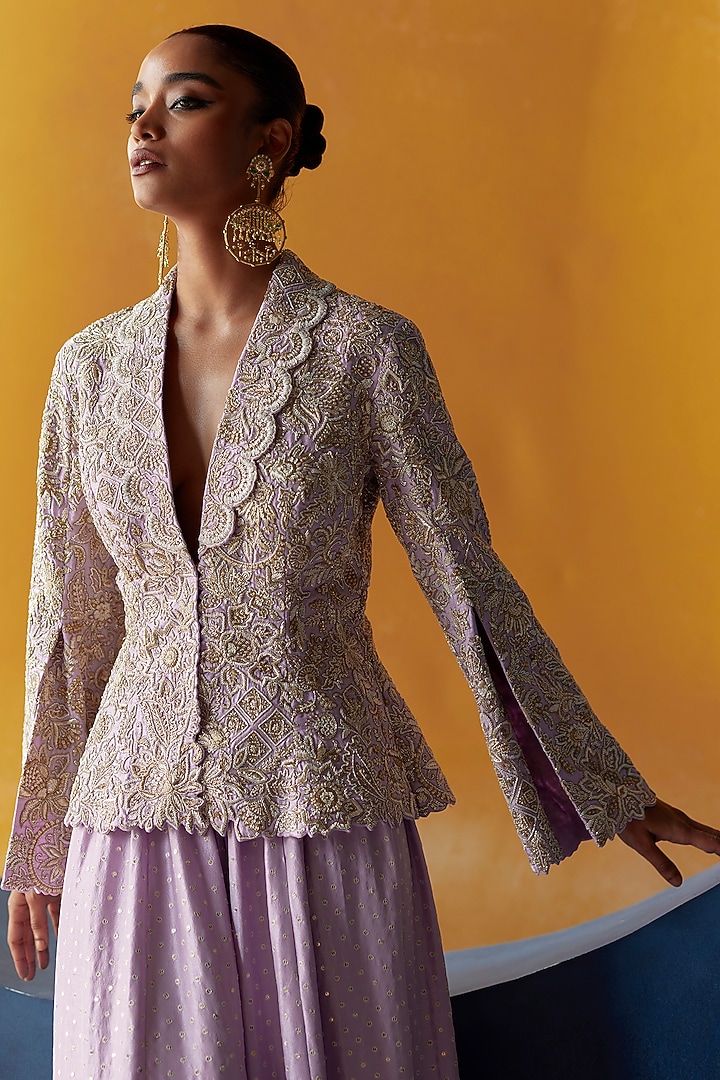 Lilac Pure Silk Resham Embroidered Jacket Set by Mrunalini Rao at Pernia's Pop Up Shop