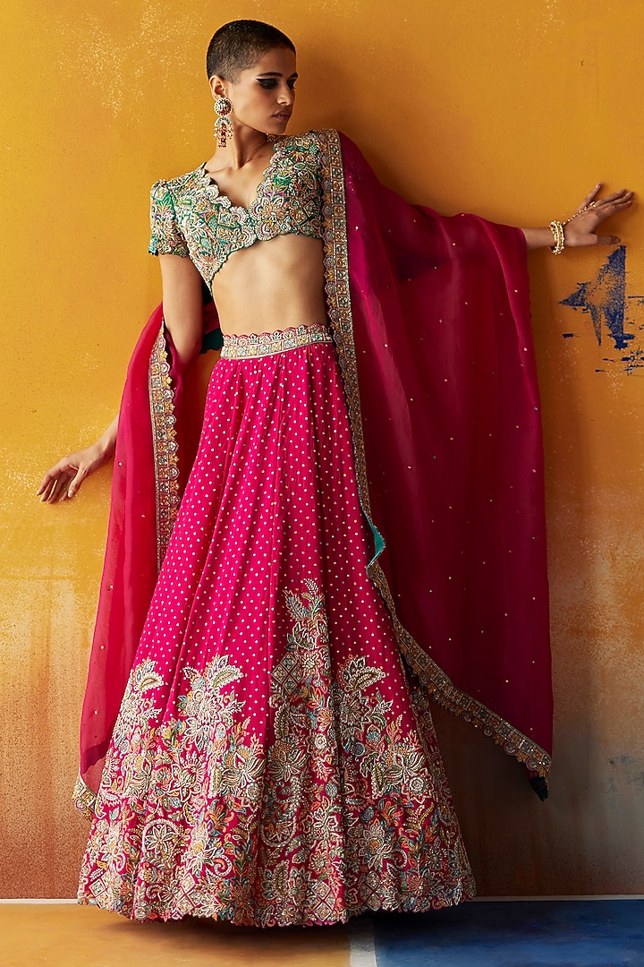 Hot Pink Matka Silk Zardosi Embroidered Bridal Lehenga Set by Mrunalini Rao at Pernia's Pop Up Shop