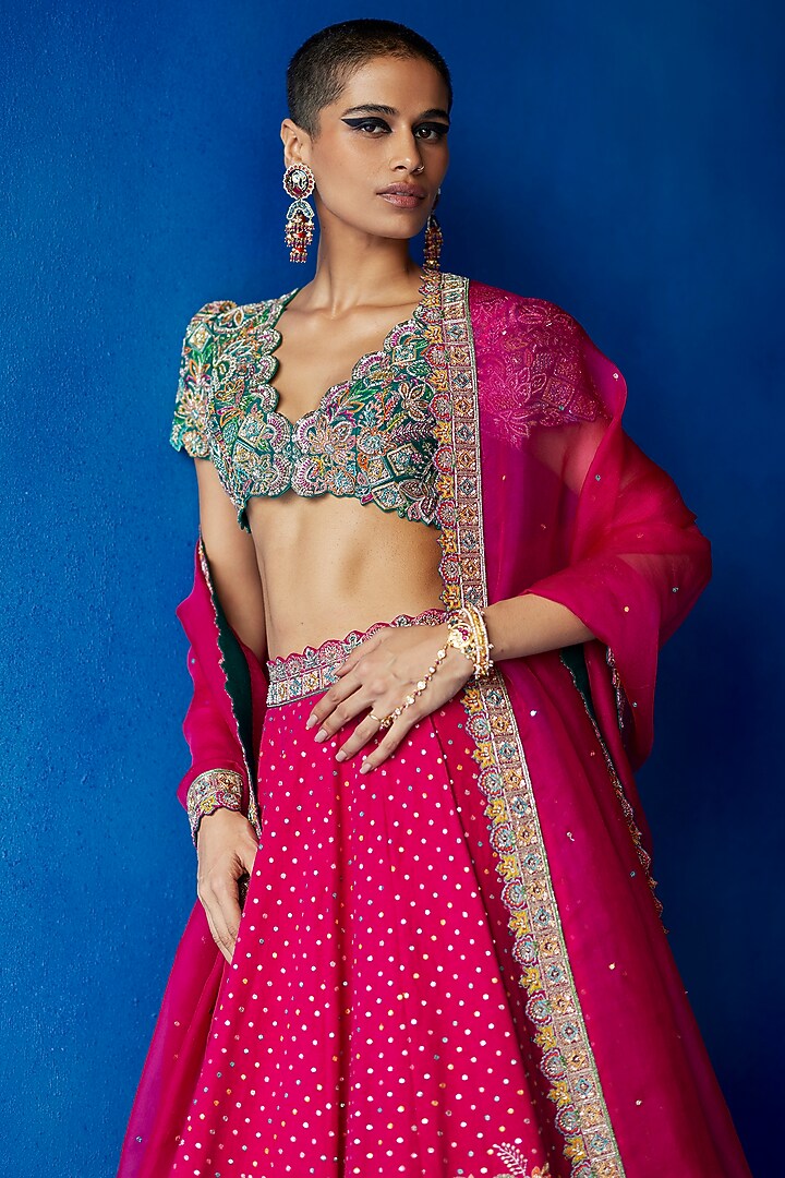 Hot Pink Matka Silk Zardosi Embroidered Bridal Lehenga Set by Mrunalini Rao at Pernia's Pop Up Shop