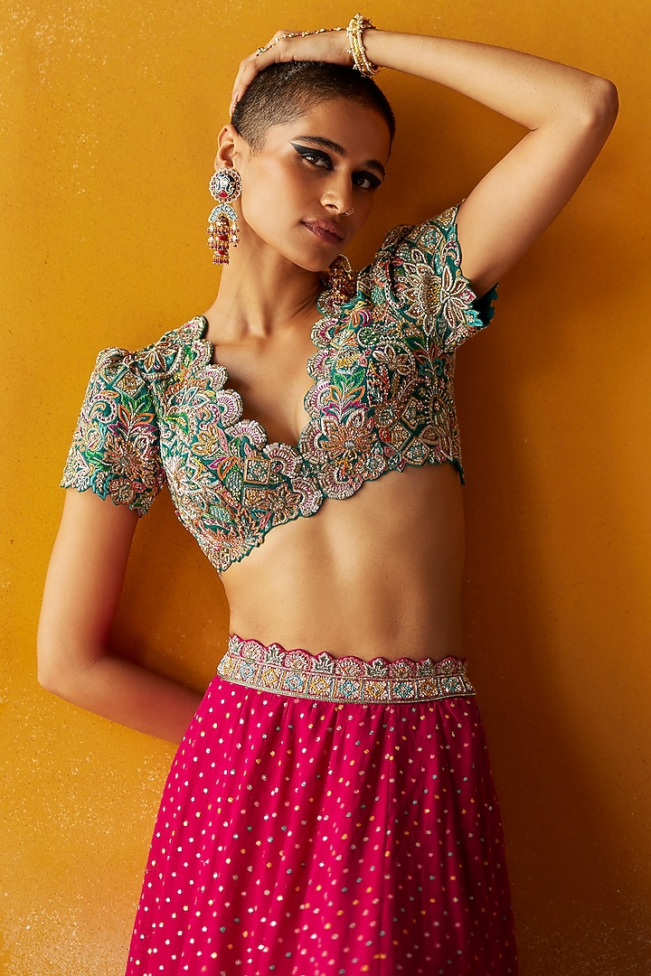 Hot Pink Matka Silk Zardosi Embroidered Bridal Lehenga Set by Mrunalini Rao at Pernia's Pop Up Shop
