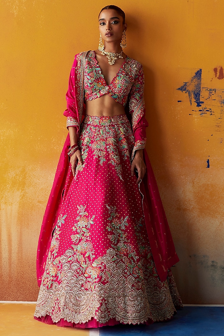 Hot Pink Pure Silk Zardosi Embroidered Bridal Lehenga Set by Mrunalini Rao at Pernia's Pop Up Shop