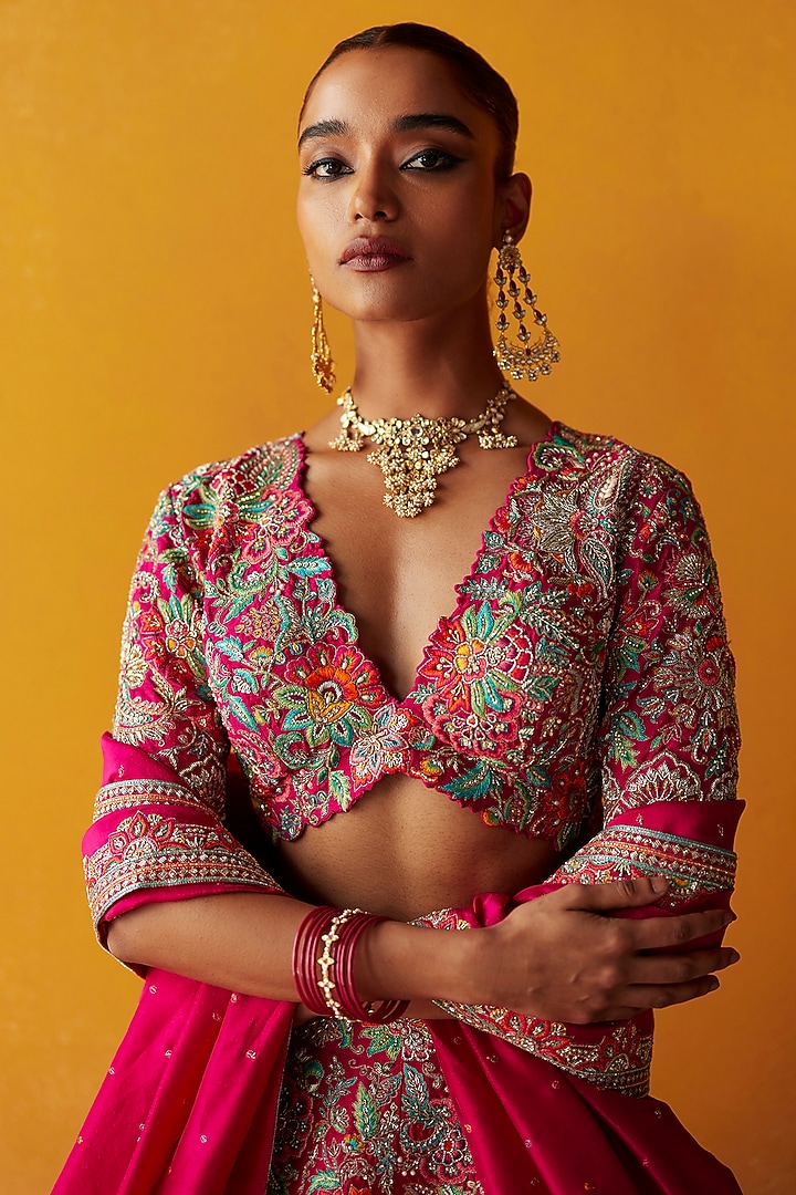 Hot Pink Pure Silk Zardosi Embroidered Bridal Lehenga Set by Mrunalini Rao at Pernia's Pop Up Shop