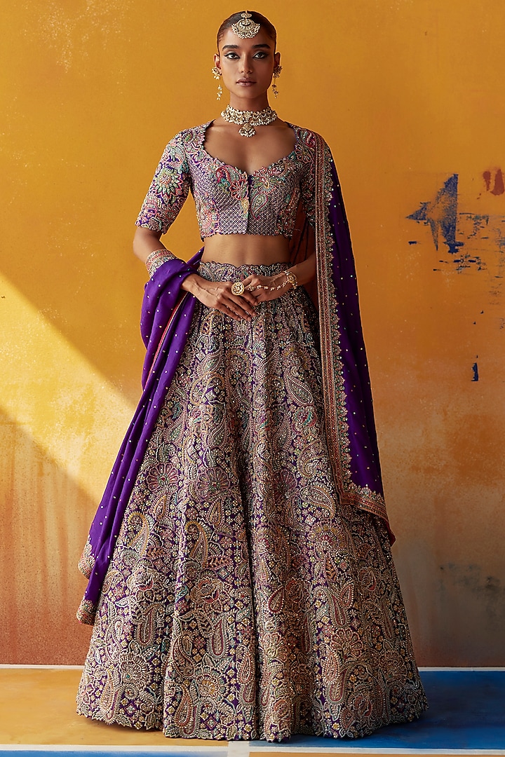 Purple Raw Silk Zardosi Embroidered Bridal Lehenga Set by Mrunalini Rao at Pernia's Pop Up Shop