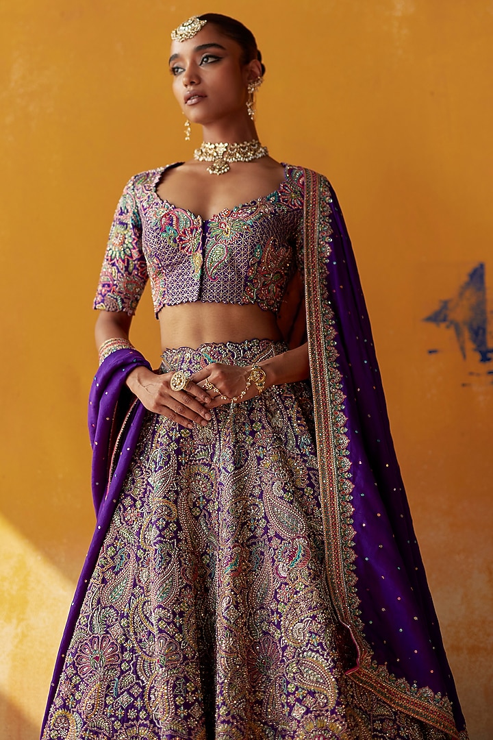 Purple Raw Silk Zardosi Embroidered Bridal Lehenga Set by Mrunalini Rao at Pernia's Pop Up Shop