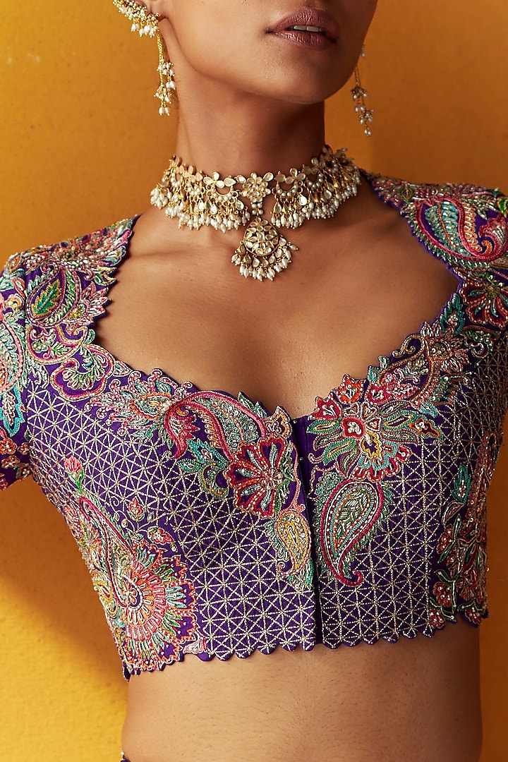 Purple Raw Silk Zardosi Embroidered Bridal Lehenga Set by Mrunalini Rao at Pernia's Pop Up Shop