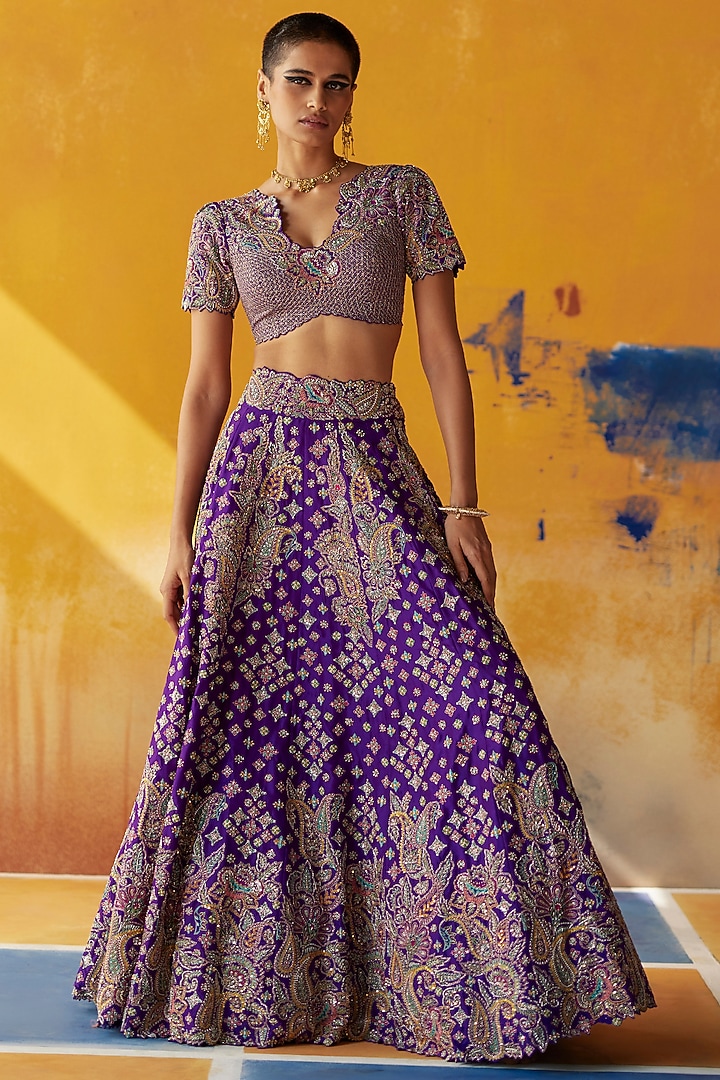 Purple Raw Silk Resham & Zardosi Embroidered Bridal Lehenga Set by Mrunalini Rao at Pernia's Pop Up Shop
