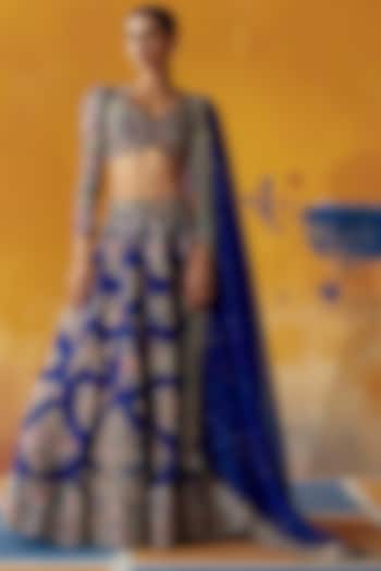 Royal Blue Raw Silk Resham & Zardosi Embroidered Bridal Lehenga Set by Mrunalini Rao at Pernia's Pop Up Shop