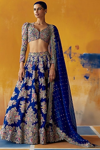 Royal Blue Raw Silk Resham & Zardosi Embroidered Lehenga Set by Mrunalini Rao