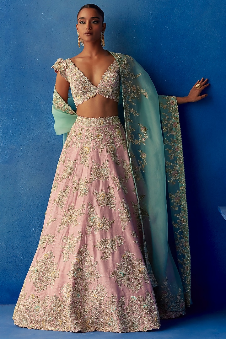 Pastel Pink Pure Silk Resham & Zardosi Embroidered Bridal Lehenga Set by Mrunalini Rao at Pernia's Pop Up Shop