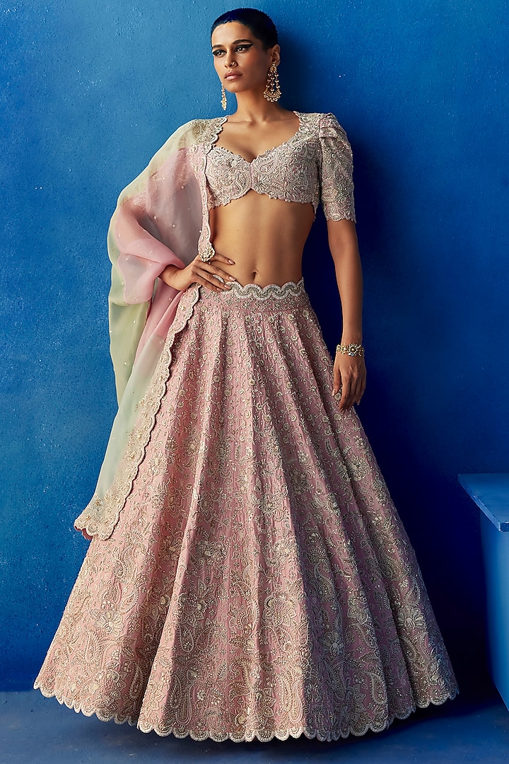 Baby Pink Pure Silk Resham & Pearl Embroidered Bridal Lehenga Set by Mrunalini Rao at Pernia's Pop Up Shop