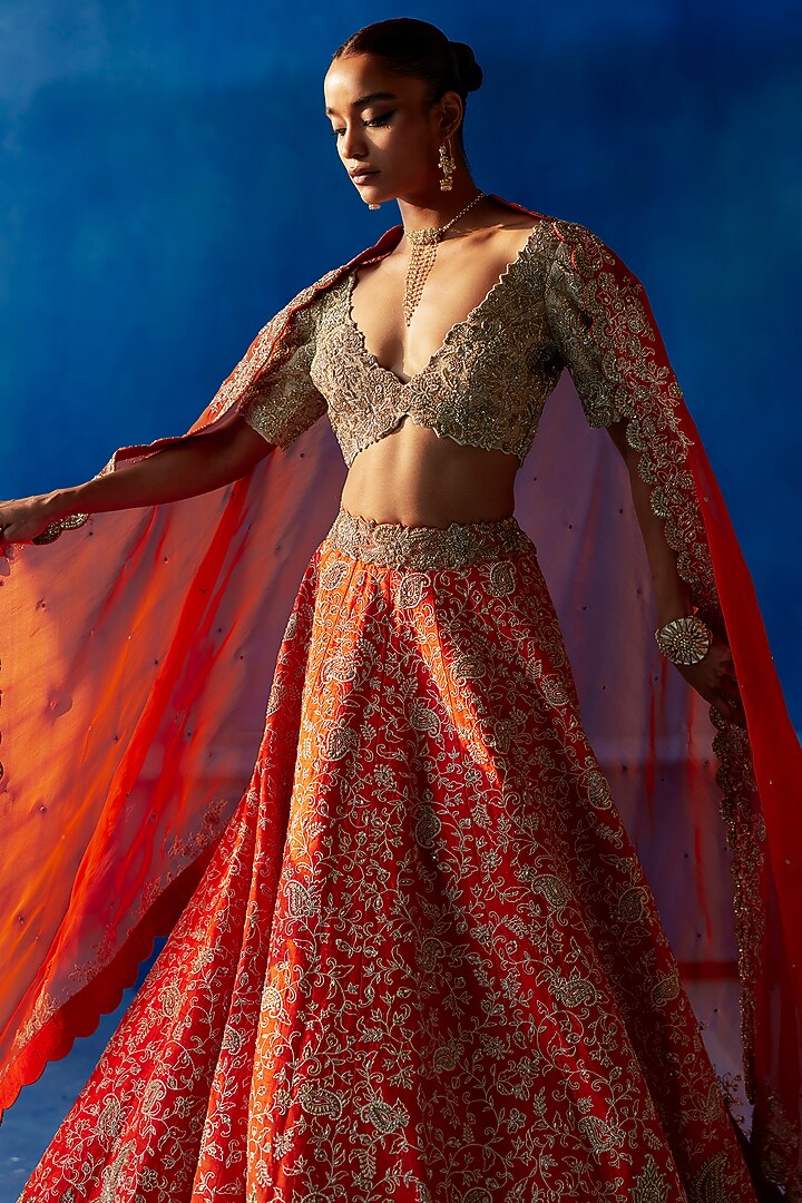 Orange Raw Silk Resham & Zardosi Embroidered Bridal Lehenga Set by Mrunalini Rao at Pernia's Pop Up Shop