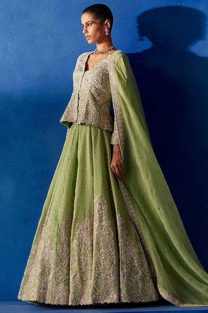 Sage Green Satin Organza Pearl & Zardosi Embroidered Jacket Bridal Lehenga Set by Mrunalini Rao at Pernia's Pop Up Shop