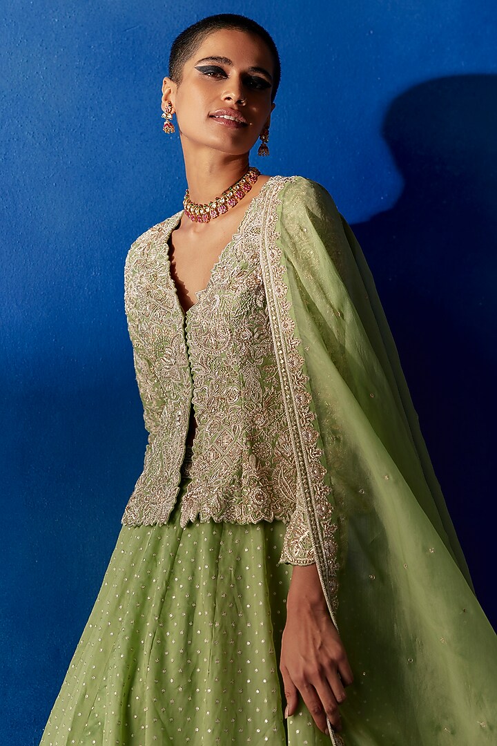 Sage Green Satin Organza Pearl & Zardosi Embroidered Jacket Bridal Lehenga Set by Mrunalini Rao at Pernia's Pop Up Shop