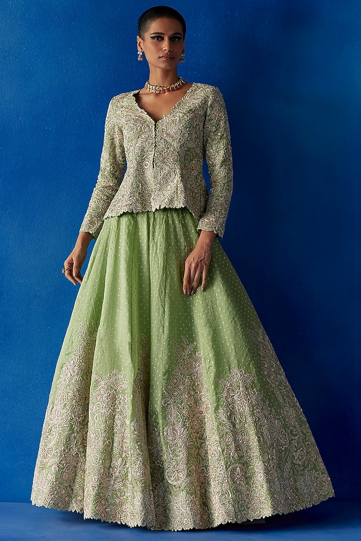 Sage Green Satin Organza Pearl & Zardosi Embroidered Jacket Bridal Lehenga Set by Mrunalini Rao at Pernia's Pop Up Shop