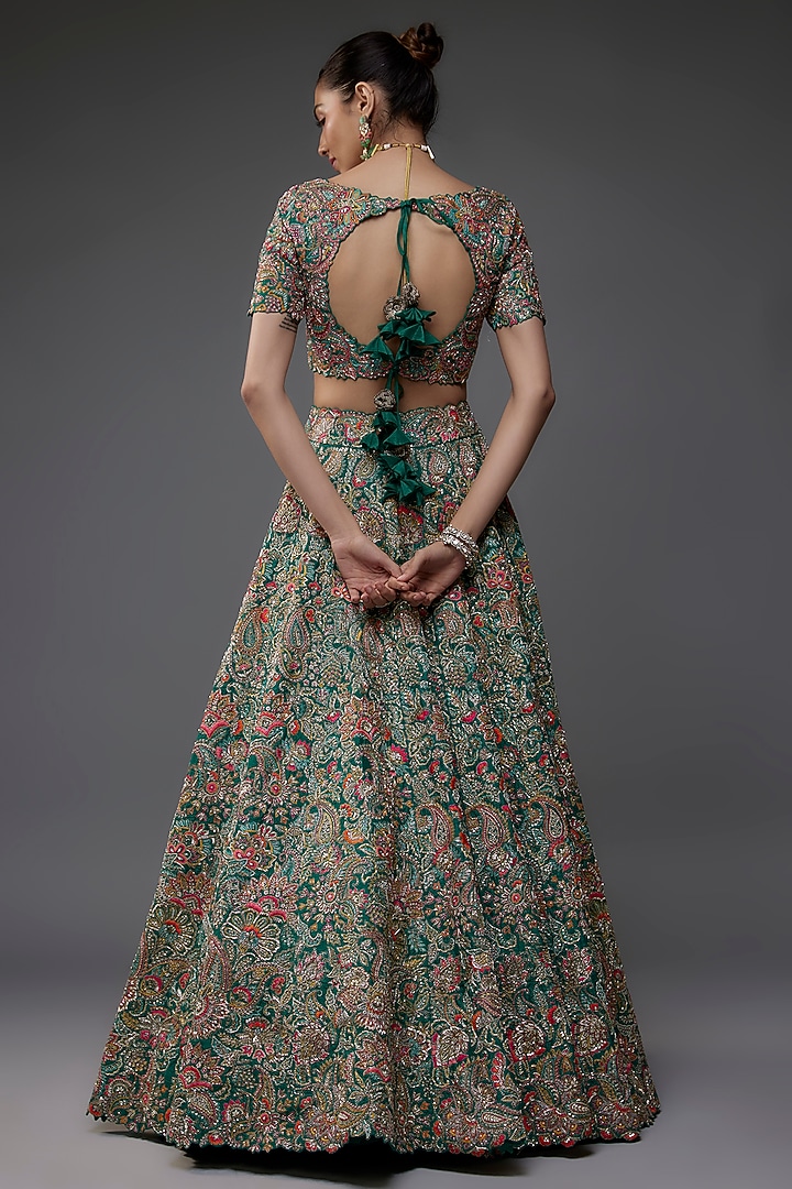 Rama Green Raw Silk Resham Embroidered Bridal Lehenga Set by Mrunalini Rao at Pernia's Pop Up Shop