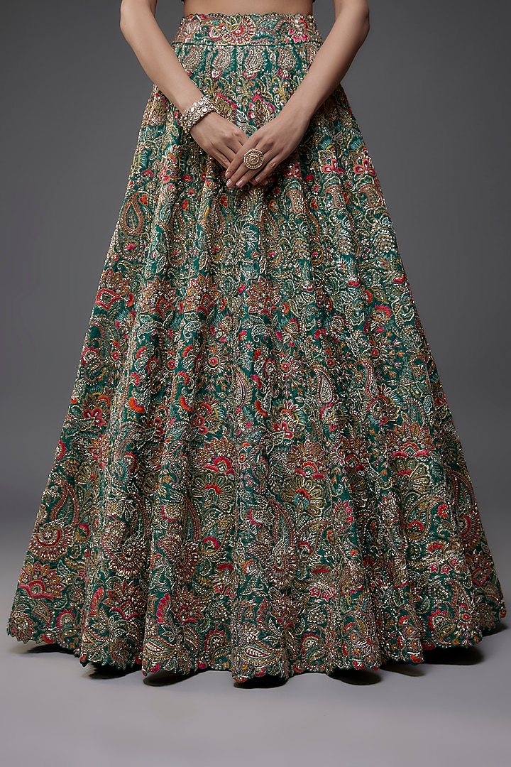 Rama Green Raw Silk Resham Embroidered Bridal Lehenga Set by Mrunalini Rao at Pernia's Pop Up Shop