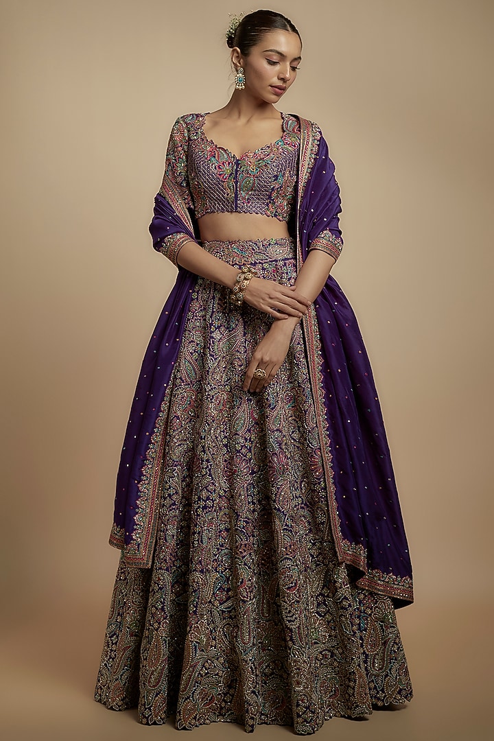 Purple Raw Silk Zardosi Embroidered Bridal Lehenga Set by Mrunalini Rao at Pernia's Pop Up Shop